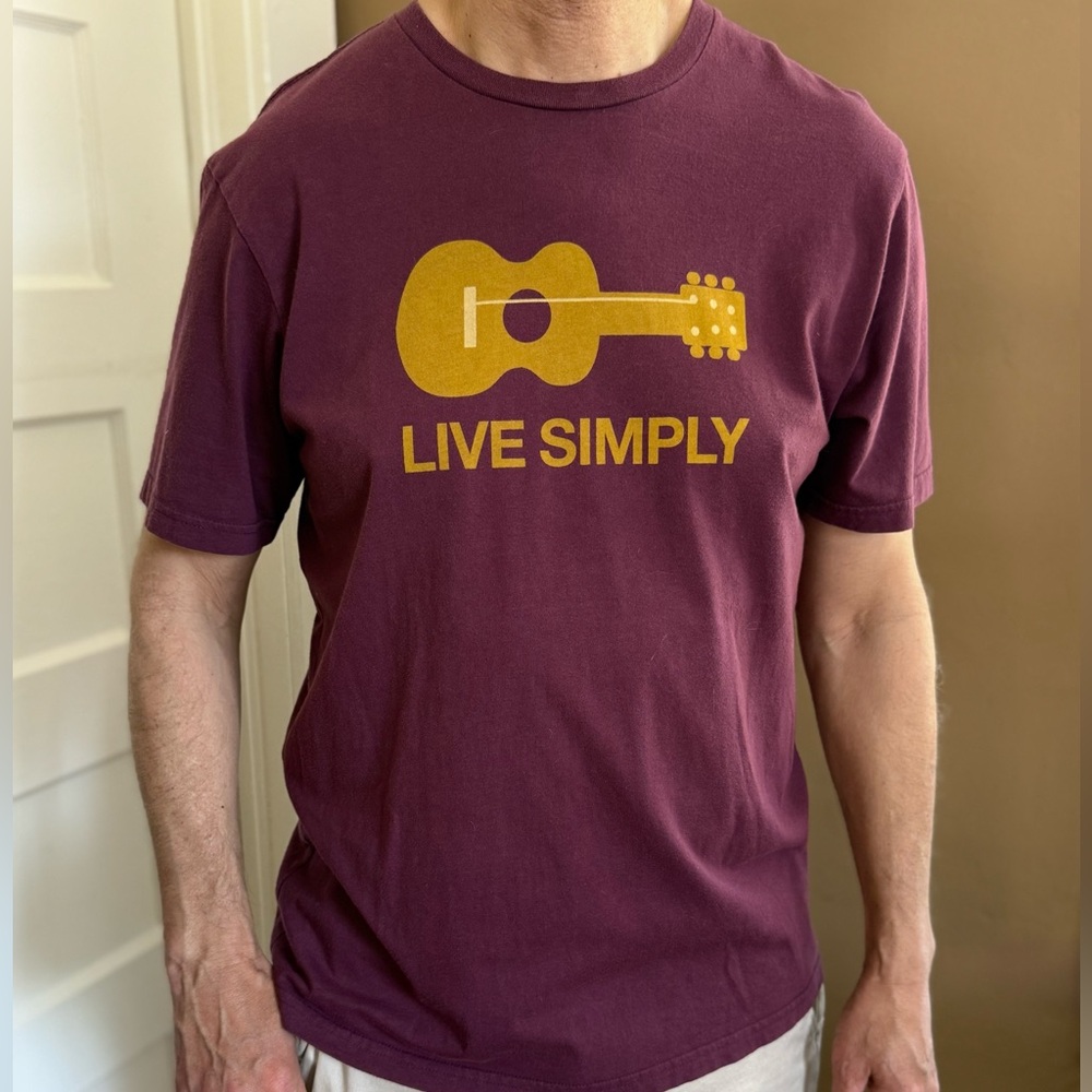 Patagonia Organic Cotton Purple Maroon Tee with Guitar and LIVE SIMPLY graphic